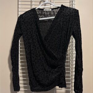 Black Long Sleeve Wrap Blouse with V-Neck